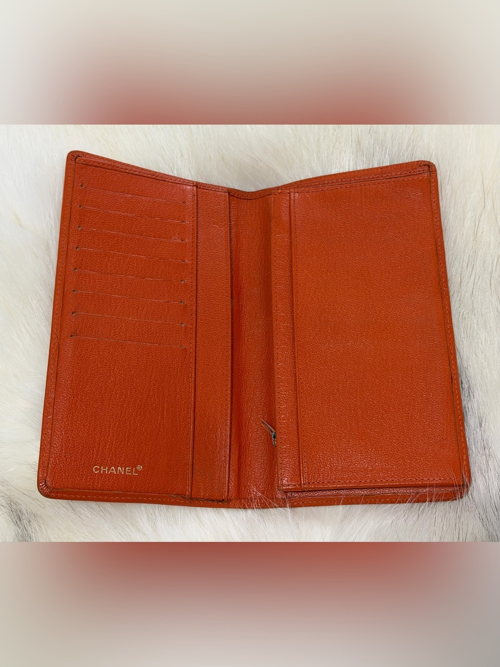 CHANEL Orange Calfskin Leather Bi Fold Long Slim Wallet W/ AUTHENTICITY CARD EUC - Picture 4 of 16